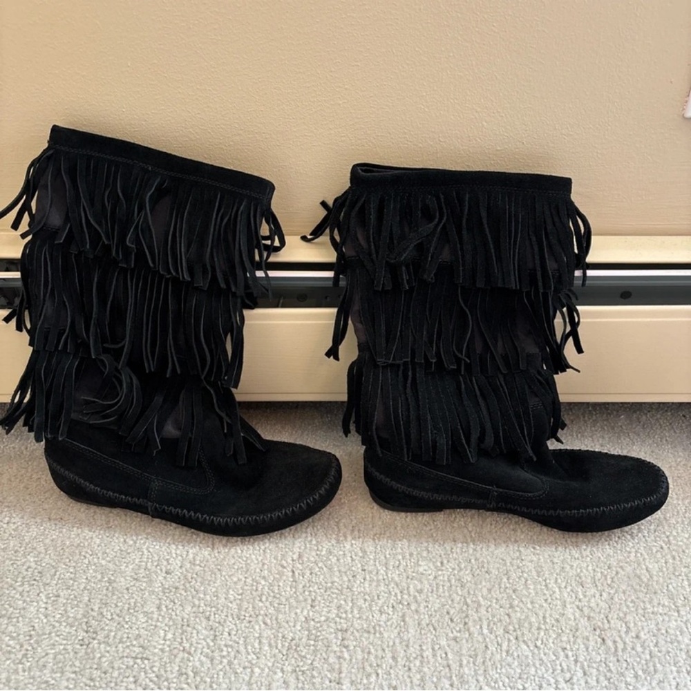 LC Lauren Conrad Black Fringe Heeled Boots